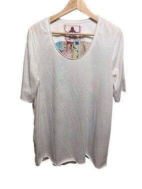 JW Los Angeles White Floral Patchwork Back Top Sz L Cotton Blend Oversized‎ Boho
